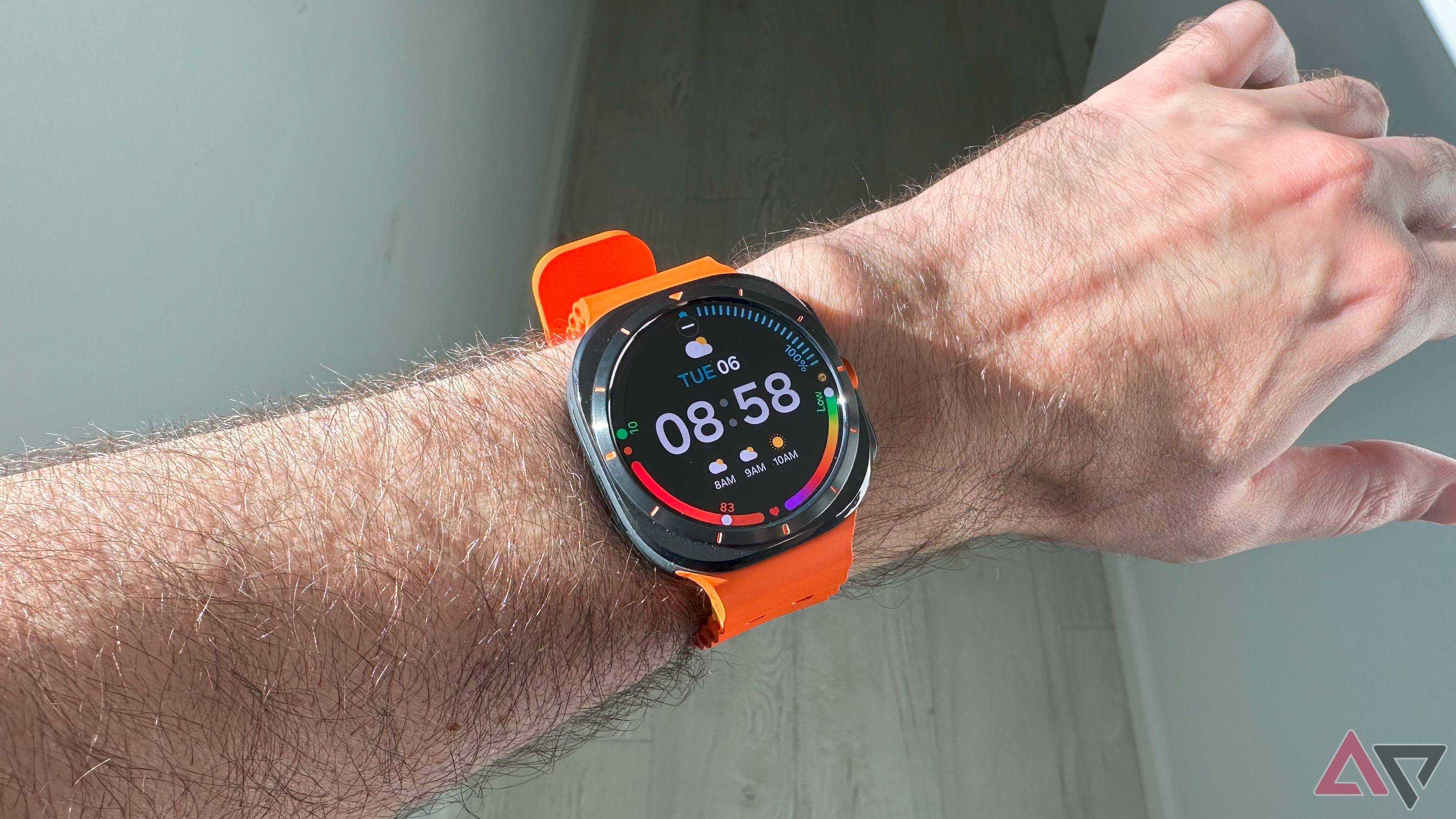 The Samsung Galaxy Watch Ultra on the wrist, with a full wrist for size reference