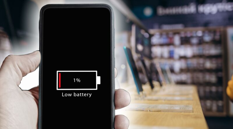 smartphone with low battery in store